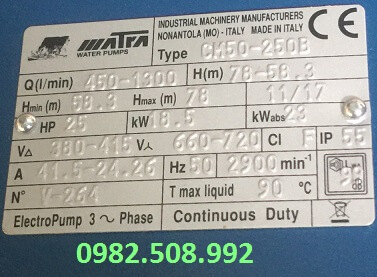 Tem của máy bơm nước trục ngang Matra CM50-250B, bơm ly tâm 18.5kw